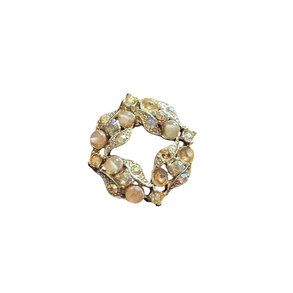 Vintage Gold Bead and Rhinestone Round Brooch Pin